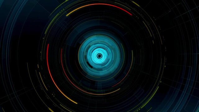 Glowing blue circle with colorful neon lines on a dark background