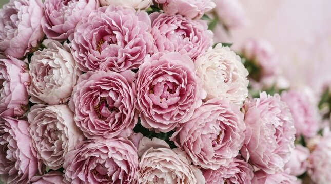 Bouquet of lush pink peony flowers in full bloom during summer