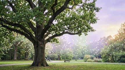 Fototapeta premium Large oak tree with hanging fairy lights in a peaceful summer park