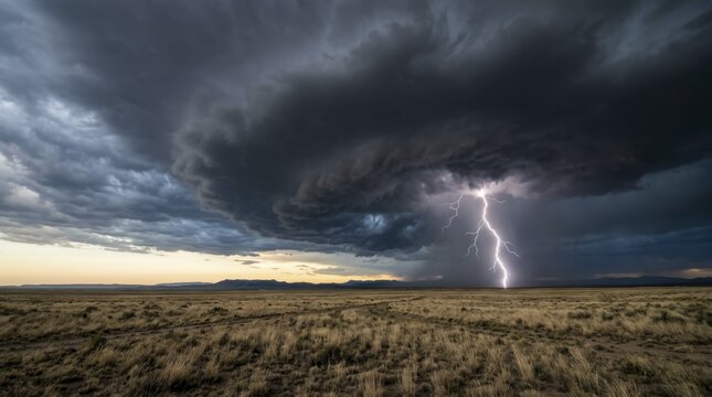 Lightning strike over a summer prairie landscape during a thunderstorm