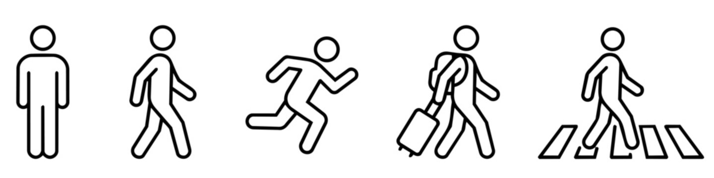 Minimalist black and white line art stick figures in various daily actions: standing, walking, running, traveling with luggage, and crossing a street.