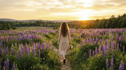 Naklejka premium Woman walking through a blooming purple lupine flower field at sunset