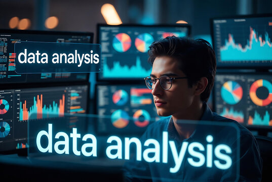 A data analyst is examining complex charts and graphs on multiple computer screens in a modern control room.