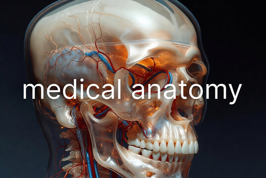 Medical anatomy of a human skull with internal structures and blood vessels displayed.