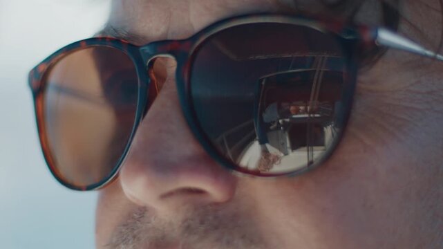 Close up portrait of the young man wearing sunglasses with reflection of the sailing boat. Person sailing, boat reflects in his sunglasses