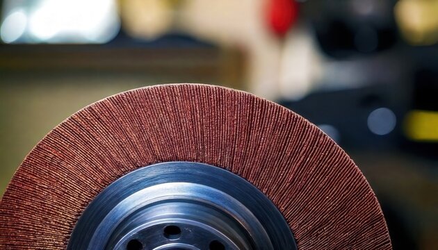Close-up of a buffing wheel with brown abrasive material on a metallic hub, ready for surface finishing
