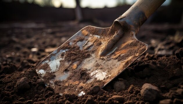 Close-up of a well-used metal shovel covered in rich, dark soil, ready for gardening and cultivation