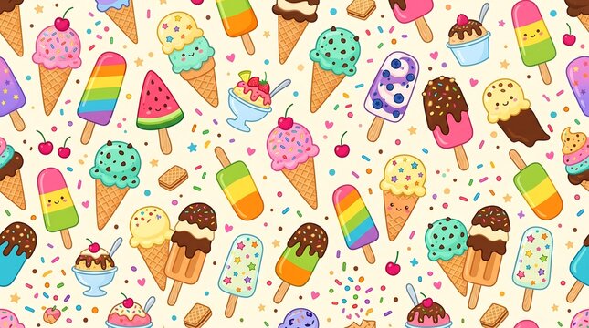 A playful digital illustration features a cheerful summer ice cream and popsicle pattern, with various brightly colored treats scattered aesthetically.