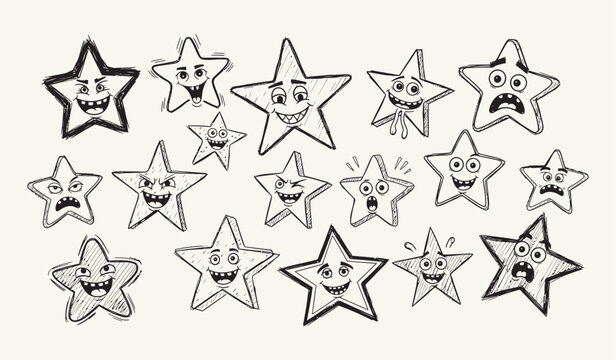 Starry Expressions: A collection of hand-drawn stars, each with a unique and comical facial expression, ranging from glee to fright, presented in a whimsical and charming composition.