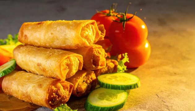 Golden fried spring rolls served with fresh tomatoes and cucumber slices, an appetizing snack