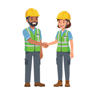 Construction professional duo shaking hands for a business partnership