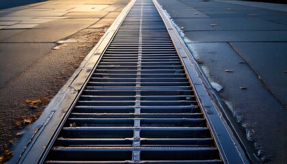 Fototapeta premium Parallel metal grate storm drain running along the edge of an urban street with asphalt and concrete surfaces.