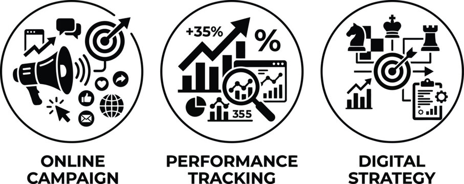 Professional set of business icons online campaign performance tracking digital strategy