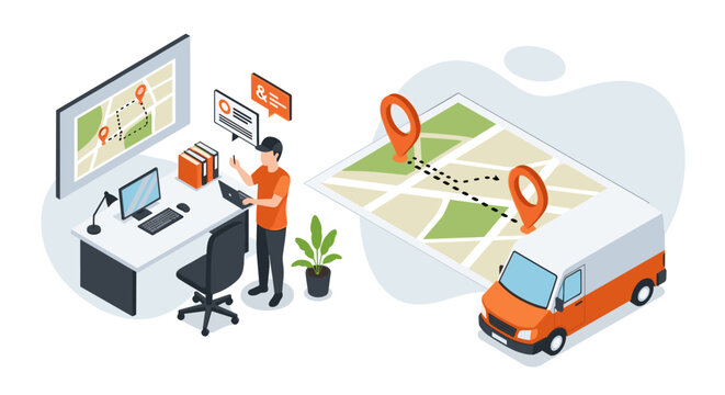 A logistics dispatcher works on a laptop at a desk with a large map screen displaying a delivery route for an orange van in an industrial warehouse environment.