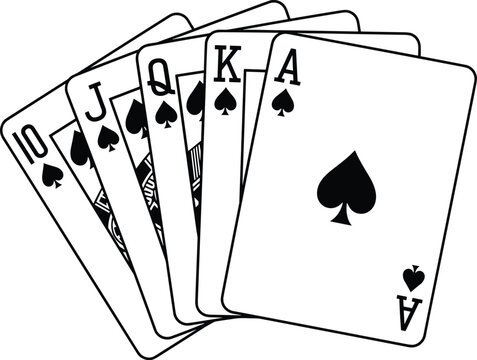 Royal flush poker hand illustration with spades suit cards, gambling concept, casino winning symbol, vector artwork for commercial use