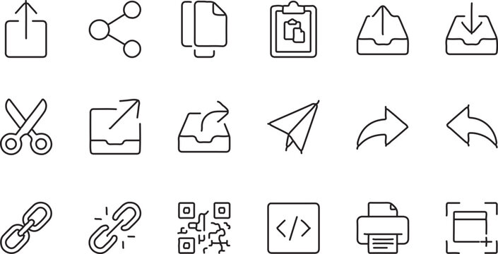 Collection of icons representing file management, sharing, and digital communication concepts