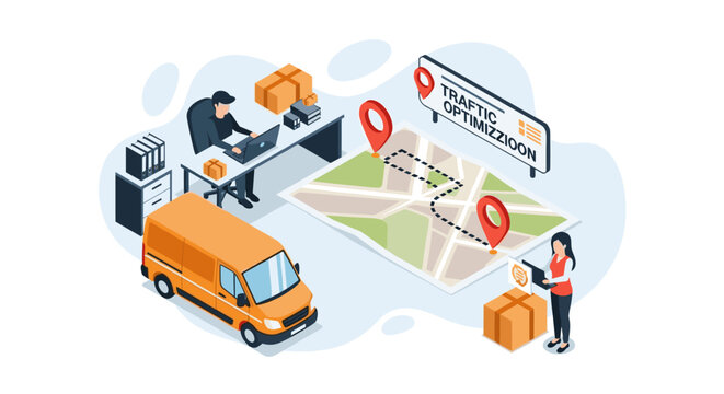 A logistics coordinator manages traffic optimization on a digital map while a worker handles cargo boxes near an orange delivery van in a modern storage facility.