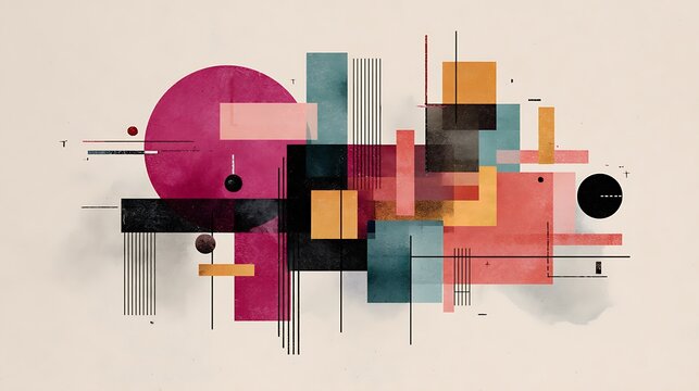 Abstract geometric composition featuring overlapping shapes, lines, and textures in a soft palette