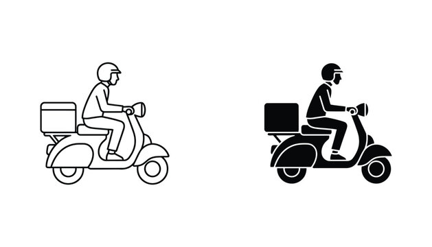 Delivery scooter driver with parcel box on back line art and solid black icon set for logistics transportation and food delivery service branding