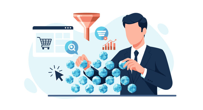 Businessman meticulously sorts faceted gems, with a funnel and online shopping interface, symbolizing data analysis and filtering.