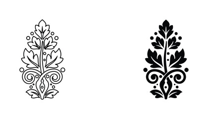 Elegant floral motif with swirling vines and decorative leaves in both solid black and outline vector format for textile prints wallpaper patterns or sophisticated stationery graphic design © Emma