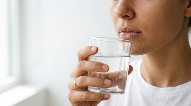Early dehydration symptom concept with dry lips and water glass