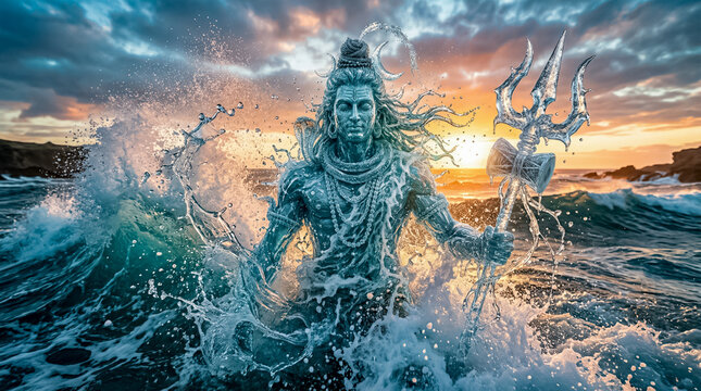 Majestic Lord Shiva emerges from turbulent ocean waves with a powerful trident.