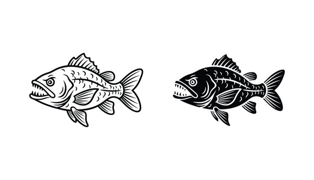 Aggressive predatory fish emblem featuring sharp teeth and detailed scales shown in both solid black and bold outline vector styles for fishing sports logo or aquatic club branding elements