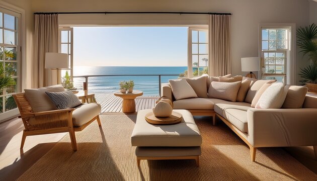 sun drenched coastal living room with ocean view