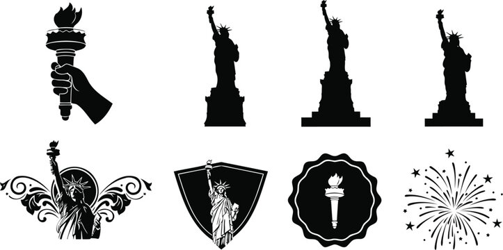 Statue of liberty torch and emblems vector illustration for patriotic design.