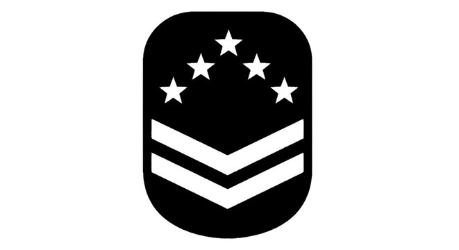 Minimal black silhouette icon, simple flat vector, bold black shape, no, no shading military rank insignia with two chevrons and five stars in an arc on a, flat icon style