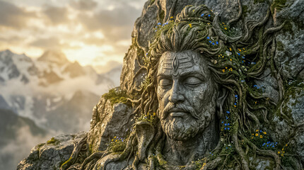 Obraz premium Stone statue of lord shiva with flowers and roots on his hair