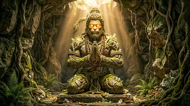 Spiritual stone deity with glowing eyes meditating in a sacred, root-filled jungle cave.