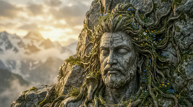 Stone statue of lord shiva with flowers and roots on his hair