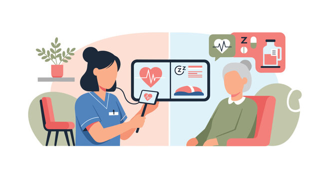 A medical nurse performs a health evaluation for an elderly woman sitting in a chair using a tablet connected to a stethoscope in a light room.