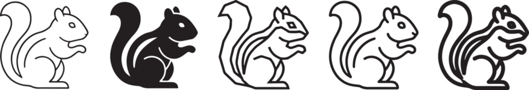 Set of simple chipmunk icons in different line styles and solid black silhouette variations for nature wildlife design elements and animal graphic collection for website or print projects Vector