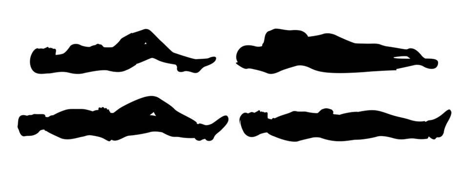 set of people lying down, resting side view silhouette for sleeping in bedroom concept. diversity men and women. black shadow elevation vector illustration.