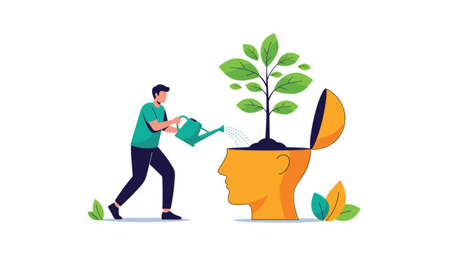 Personal growth and education concept showing a man watering a green plant growing from a large human head silhouette profile icon.