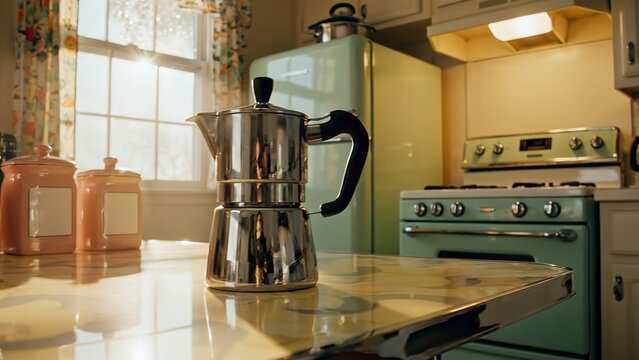 Stainless steel coffee maker positioned on a kitchen table with pink canisters and a vintage green stove in a bright, sunlit kitchen setting