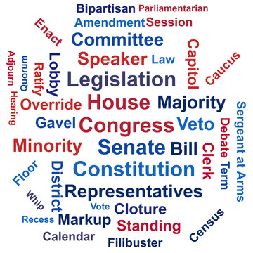 Legislative Branch Word Cloud. Congressional Terms in Red and Blue
