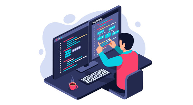 A software developer sits at a desk in front of dual computer screens and points at an AI suggestion module within the code editor for programming assistance.