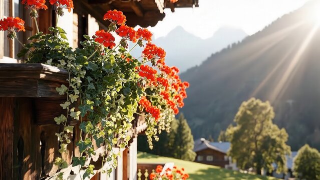 Vibrant red geraniums cascade from wooden balcony railing, sunlight illuminating mountain backdrop and lush greenery in a serene alpine landscape