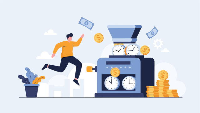 Businessman running on a treadmill connected to a machine that converts time from clocks into falling gold coins and paper money bills.