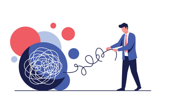 Focused businessman works to untangle giant messy ball of wire representing complex problem solving and simplicity.
