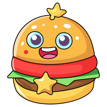 Cute cartoon burger character with happy face and star decoration, isolated on white background. Ideal for food mascot design, branding, kids content, stickers, and playful illustrations.
