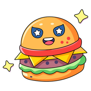 Cute cartoon burger character with star eyes and happy expression, isolated on white background. Ideal for food mascot design, branding, stickers, and playful illustration projects.