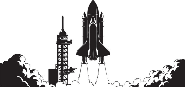 Black and white of a space shuttle launching from a launchpad