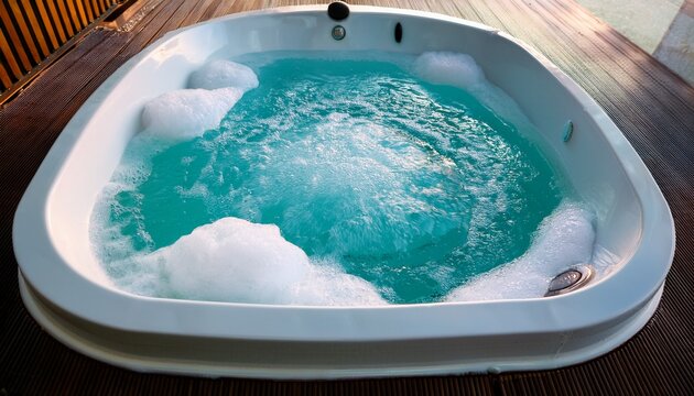 close up of a bubbling jacuzzi bathtub filled with turquoise water and white foam relaxing spa atmosphere