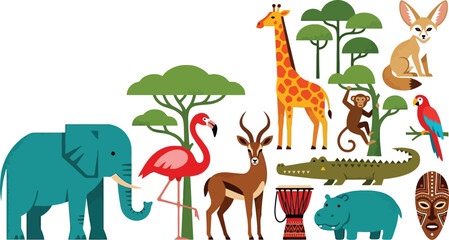 Naklejka premium African animals and tribal elements set with elephant giraffe flamingo antelope crocodile and mask cartoon vector illustration isolated on white background