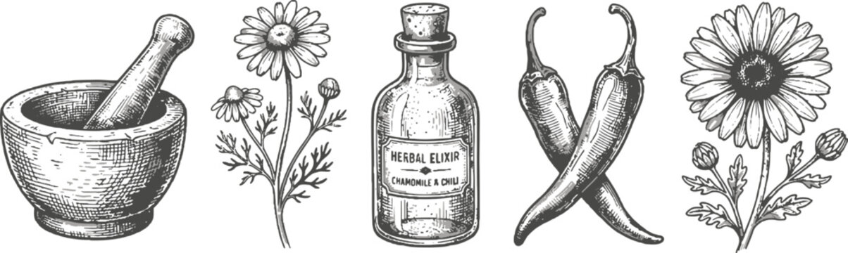 Herbal medicine set mortar and pestle flowers chili peppers and bottle vintage engraving vector illustration
